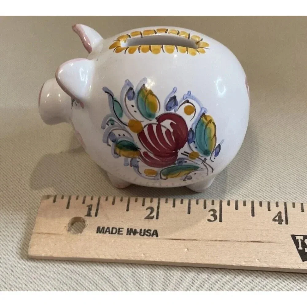 Ceramic Slovenska‎ Folk Art Piggy Pig Bank Figure Colorful Floral Hearts